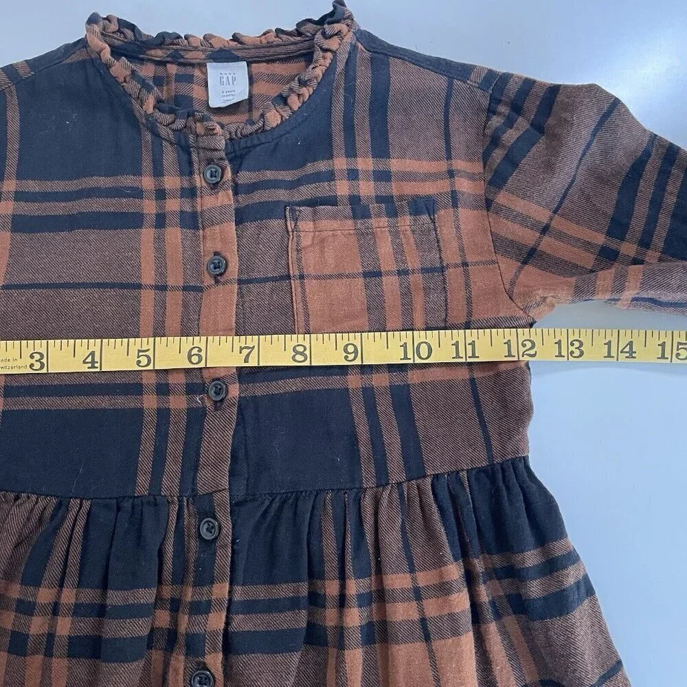 Gap Kids Girls 5Y Flannel Shirt Dress Black Brown Plaid Fall Button Up Soft